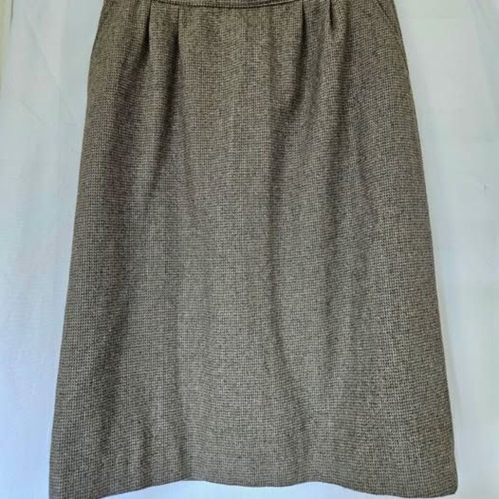 Vintage Wool Blend Tweed Midi Skirt Dark Academia Brown Herringbone Size Medium